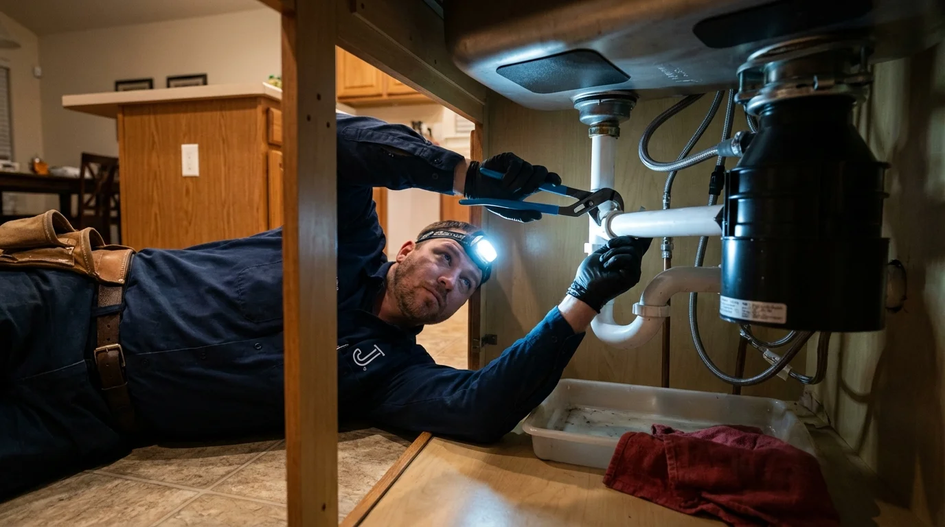 P-trap and supply line connections under a kitchen sink showing a common leak point in Millbrae, CA